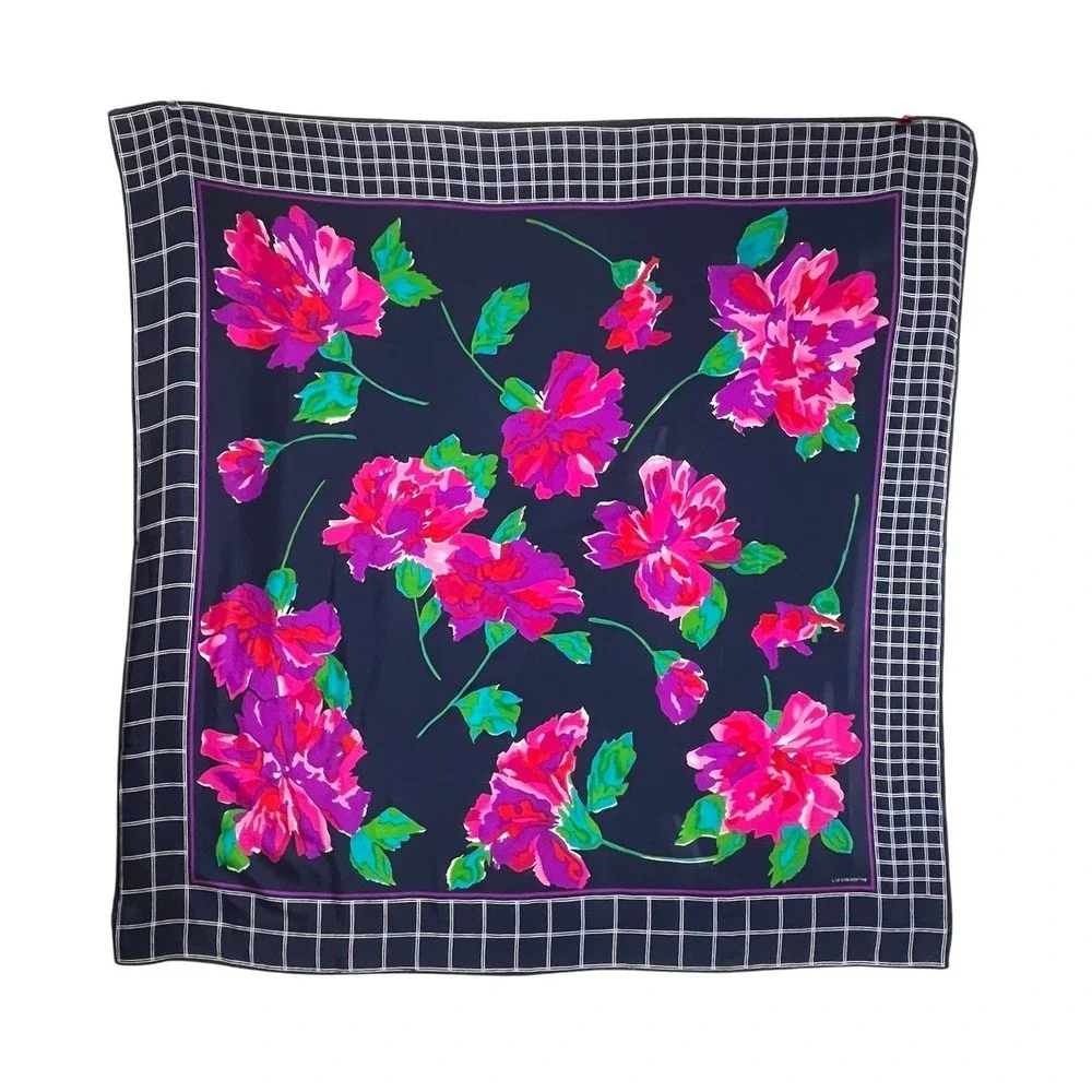 Liz Claiborne Vintage 100% Silk Scarf Navy Blue Pink Floral Windowpane Japan 31